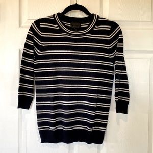 JCrew 100% Italian Cashmere Tippi sweater. Navy w/ white stripes. 3/4 sleeves